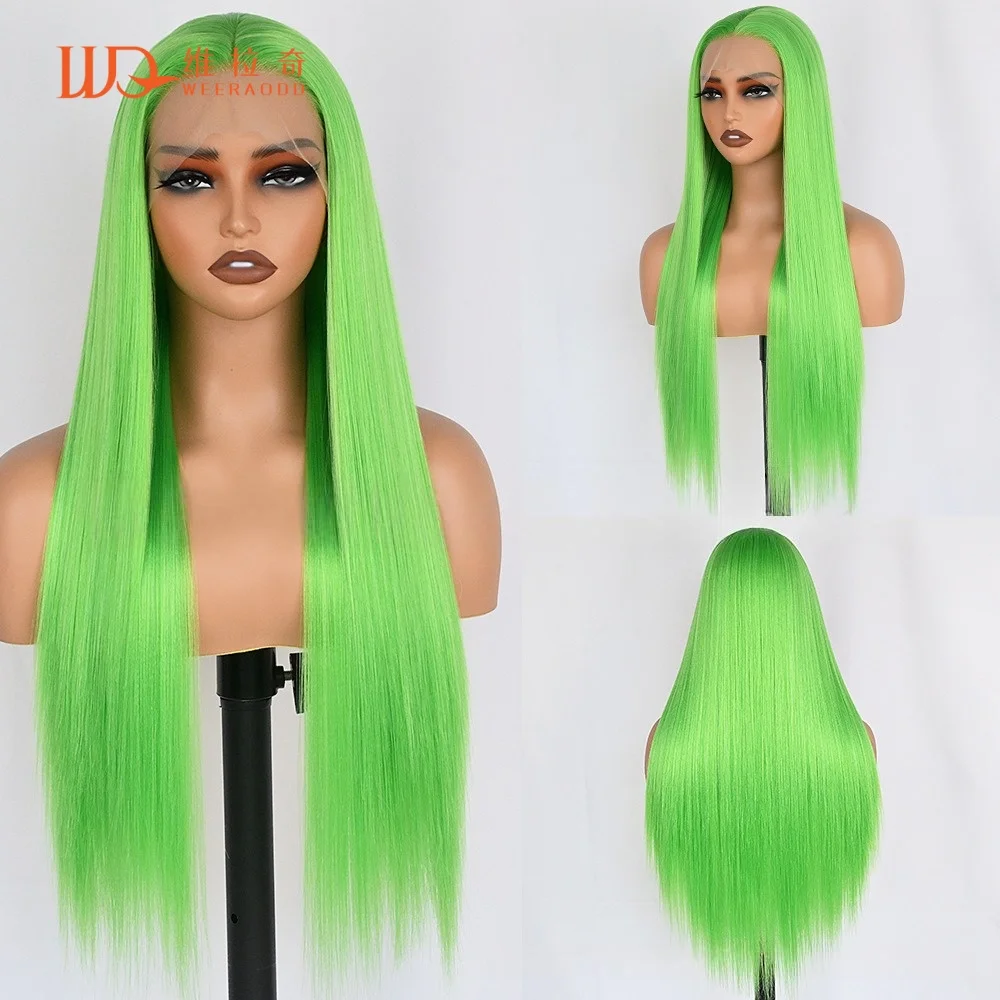 

28 Inch Silky Straight Grass Green Lace Front Wig 13x4 Lace Frontal Glueless Heat Resistant Synthetic Lime Green Cosplay Wig