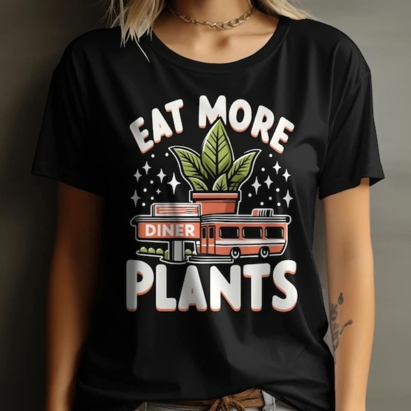 

Eat More Plants Vegan T-shirt Based Gift Kale Graphic Tee Vegetarian Clothing Cool Trending Unisex Printed Cotton T-shirt Tops