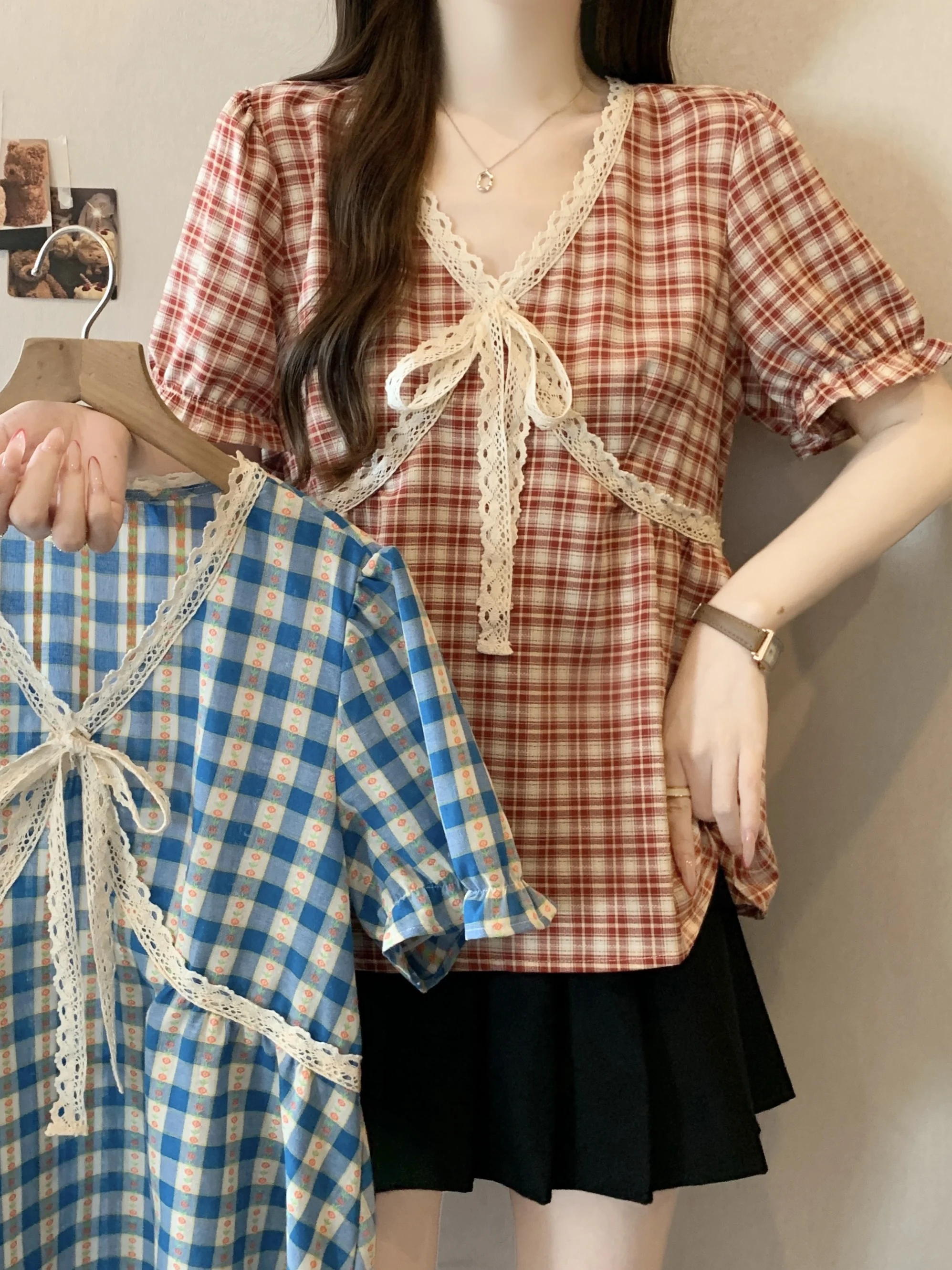 

plus Size Loose Salt Sweet Plaid Casual Fashion Shoulder Lengthened Lazy Feel Top Slimming Effect V-Neck Short Sleeve