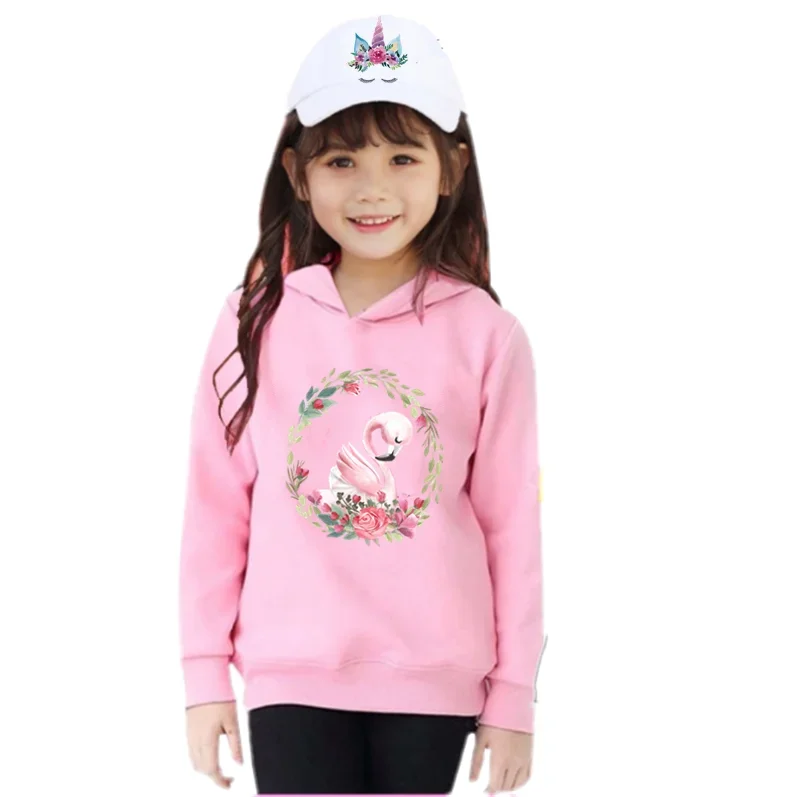 Elegant Swan Kids Hooded Hoodie Flower Pullover Fashion Sweatshirt Kawaii Flamingo Cartoon Baby Girls Children Hoodies Top