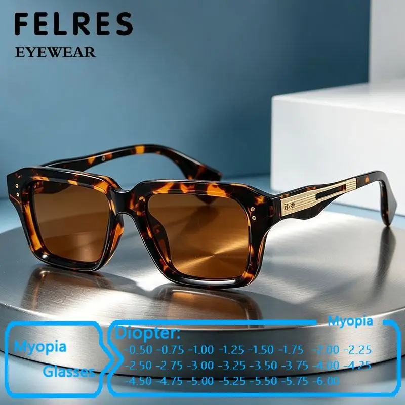 Classic Square Brown Myopia Sunglasses Men Outdoor Shade Nearsighted Eyewear Negative Diopter Prescription Lenses-0.5 To -6.0