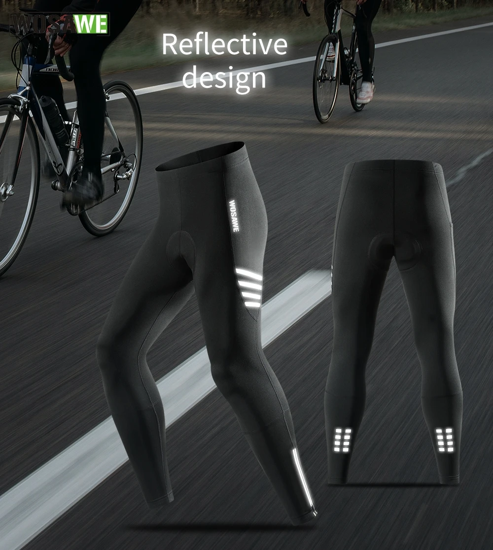 WOSAWE Winter Fleece Tights Men's Cycling Pants Thermal 4D Padded Warm Long Trousers Bicycle MTB Reflective Leggings Bike Pants