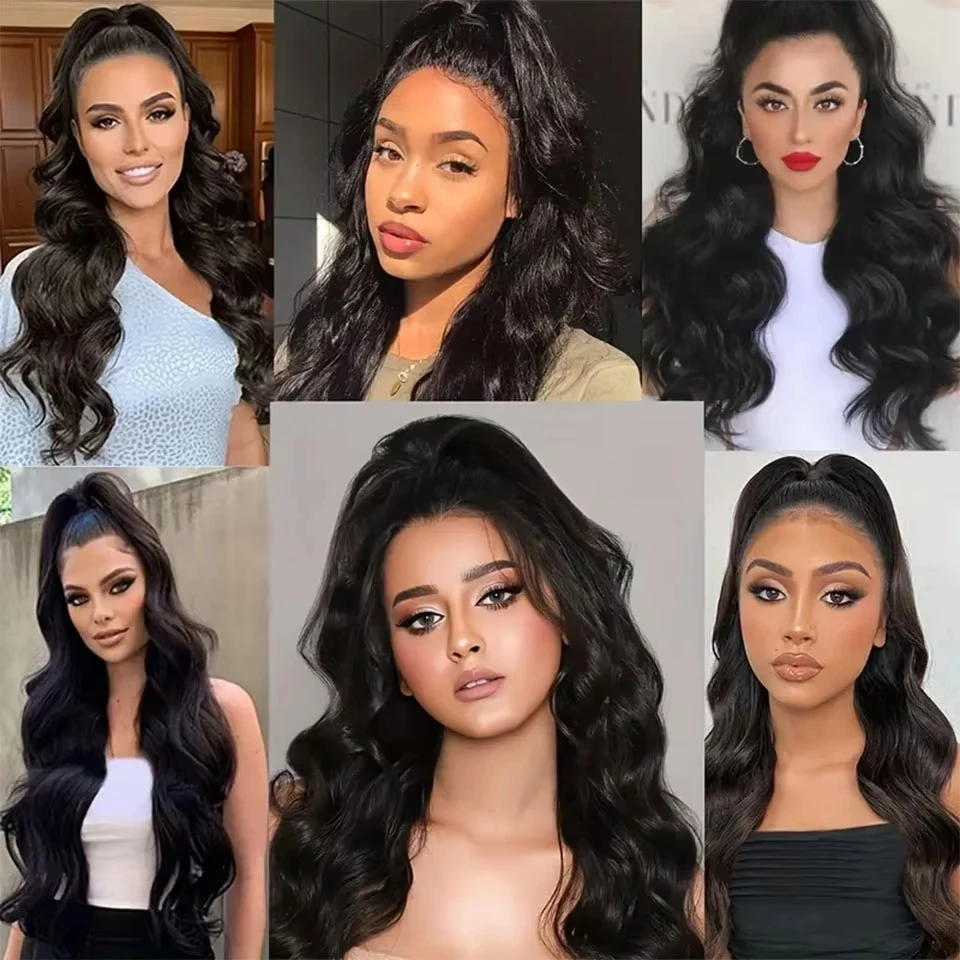 Body Wave Human Hair Ponytail Extensions for Women Natural Black Clip in Drawstring Ponytail Hair Extensions