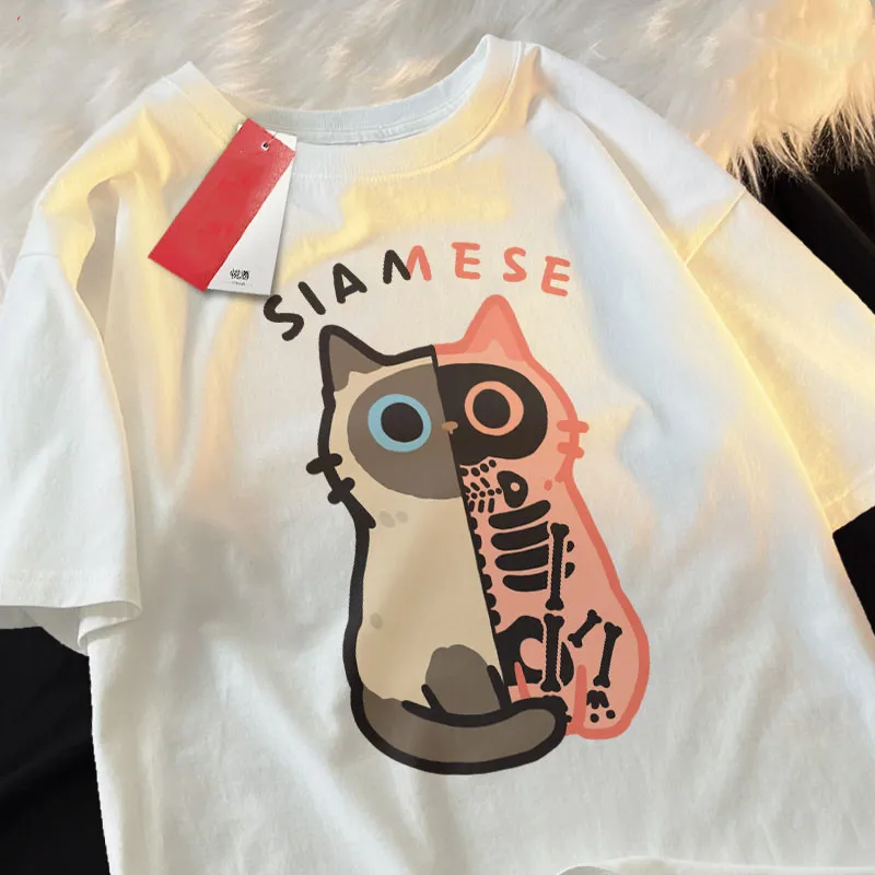 Japanese Simple Casual Cartoon Printed Short Sleeved T-shirt Korean Ins Neutral Style Loose Round Neck Top