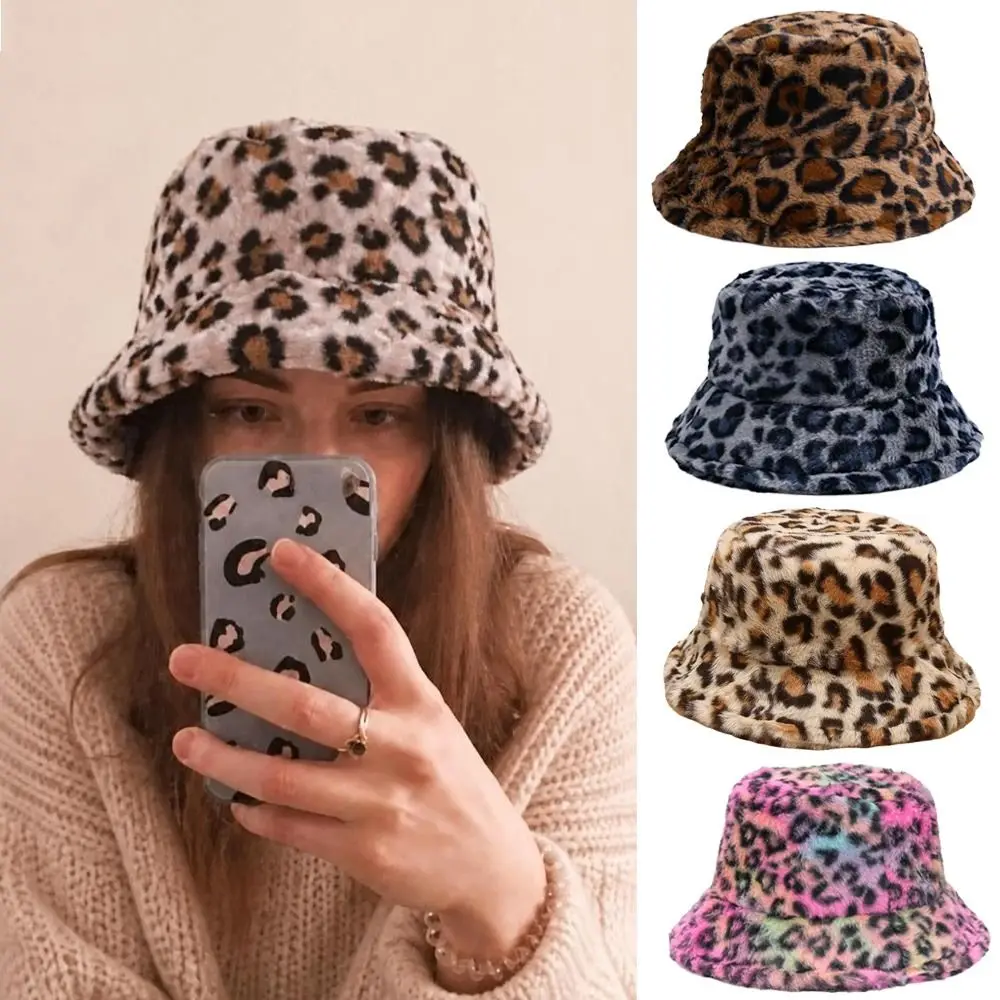 Versatile Furry Faux Fur Winter Bucket Hat Soft Velvet Leopard Print Panama Hat Outdoor Warm Retro Faux Fur Hat Winter Season