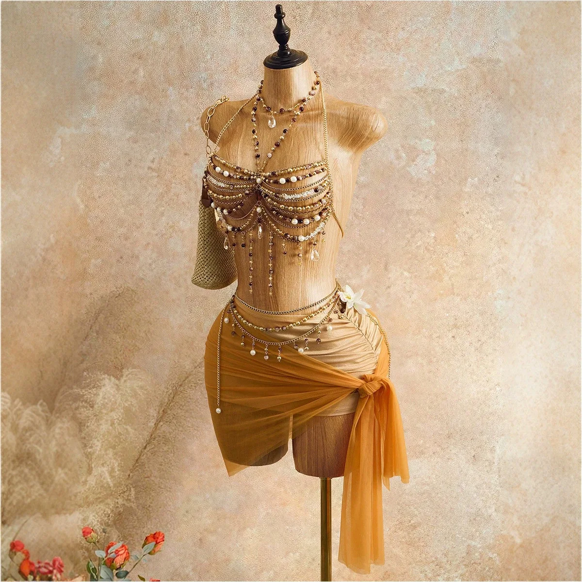 Wholesale Imitation Pearls Beaded Bra Tops Breast Chain Bikini Crop Camis Hollow Out Sexy Night Clubwear Beach Party Body Chain - view 5