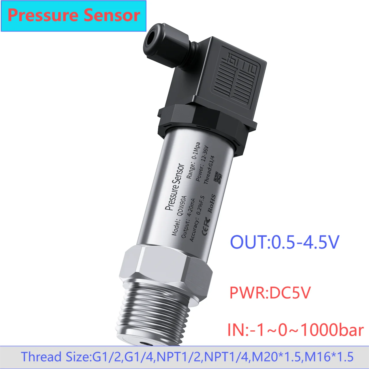 

0.5-4.5V pressure sensor transmitter for water oil fuel gas air pressure transducer 25bar 30bar 40bar 80bar sensor dc5v power