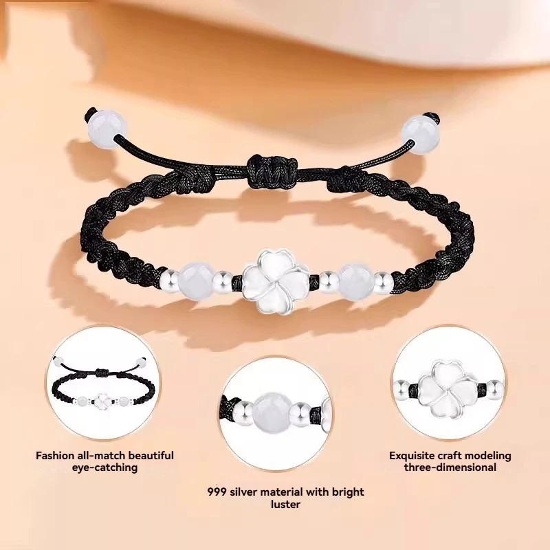 سوار نسائي Lucky Clover 999 من الفضة النقية، نسج يدويًا، بسيط وأنيق، هدية للزوجين/الصديق، زينة بالجملة