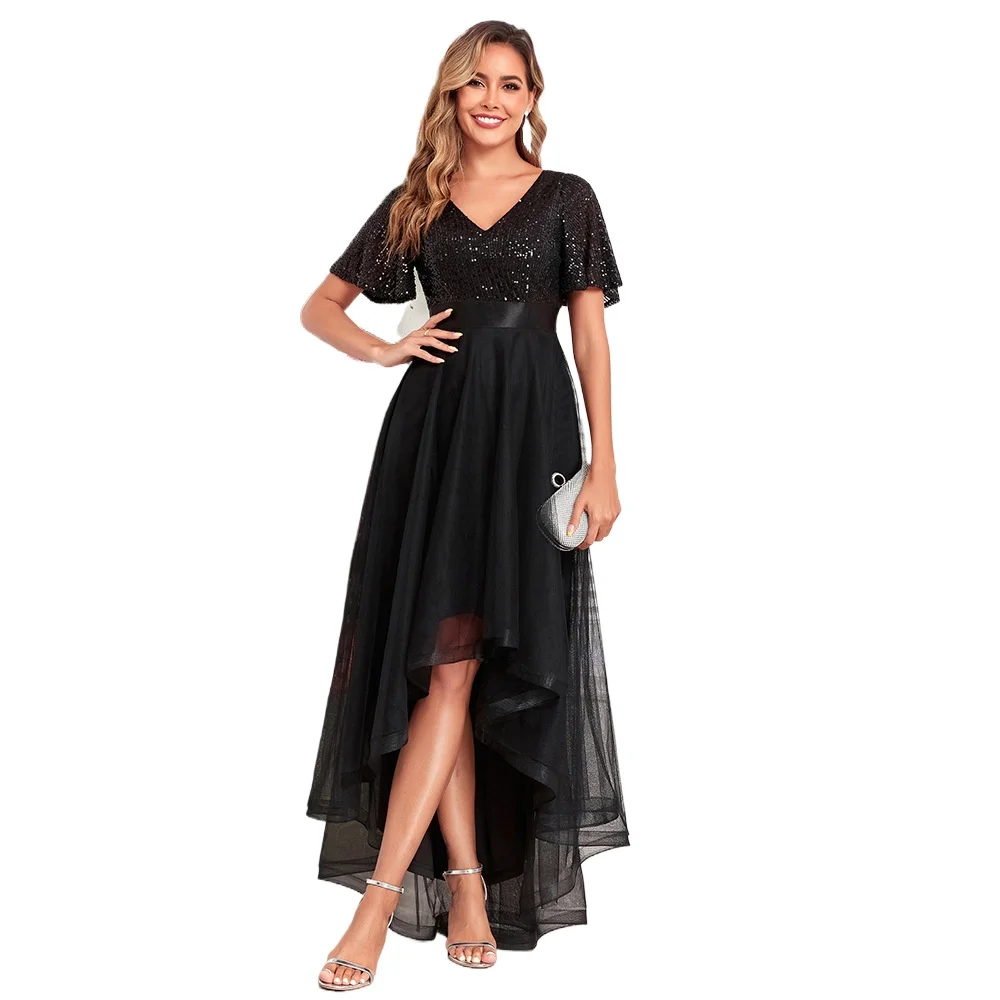 

Chic Double V-neck Sequined High Low Party Plus Size Dress