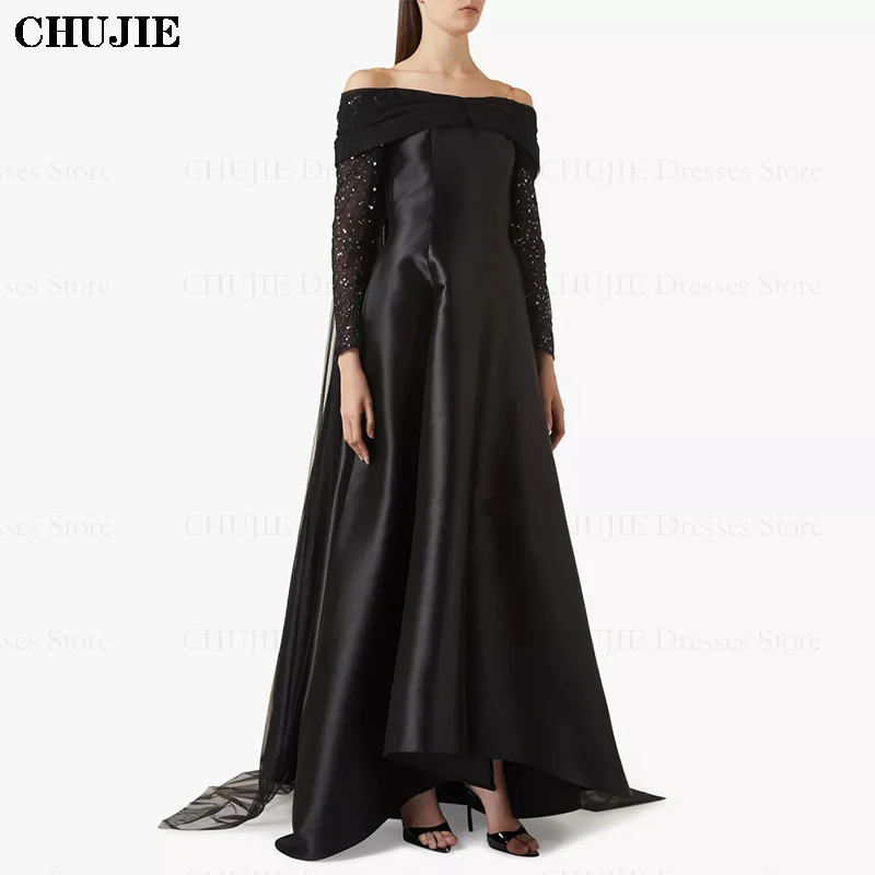 

Saudi Arab Woman Evening Dress With Tulle Sweetheart Sequins Beads Long Prom Dress Sleeves A Line Satin Party Gown فساتين سهرة