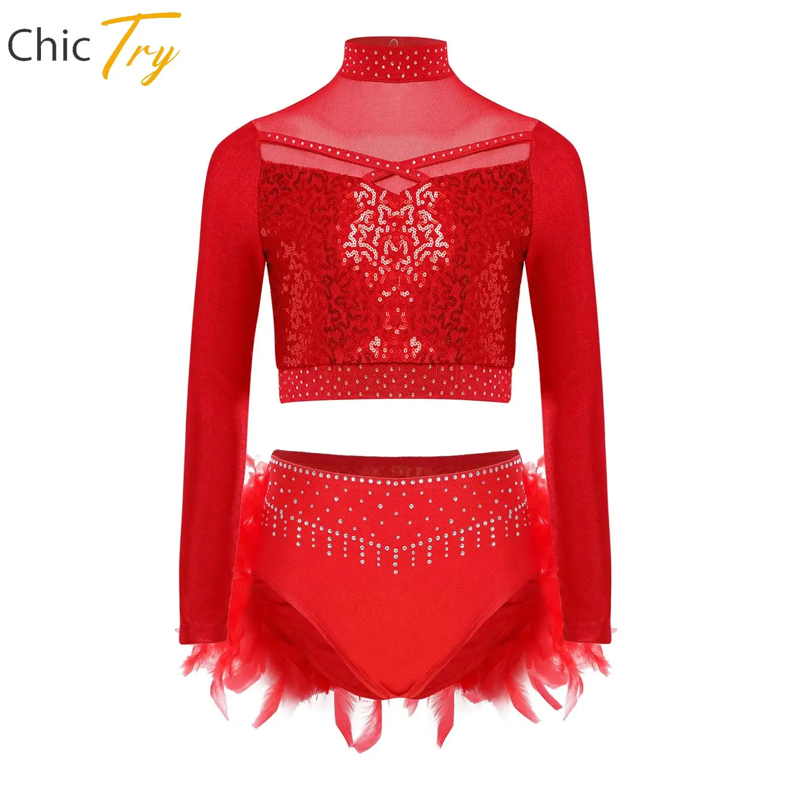 

Girls Sequins Ballet Dance Set Ice Skating Gymnastics Costume Long Sleeve Mesh Crop Top And Feather Bottom for Stage Performance