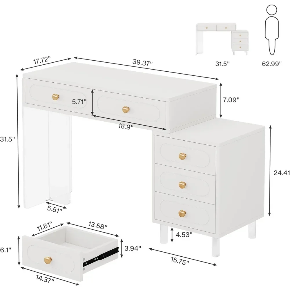 White Computer Desk, Modern PC Desk with 5 Drawers and Acrylic Legs, Extendable Study Writing Table Workstation for Home Office