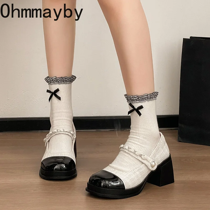 2026 New Spring Autumn Thick Heel Women Mary Jane Shoes Fashion Chain Buckle Shoes Vintage Platform Height Increase Dress Shoes