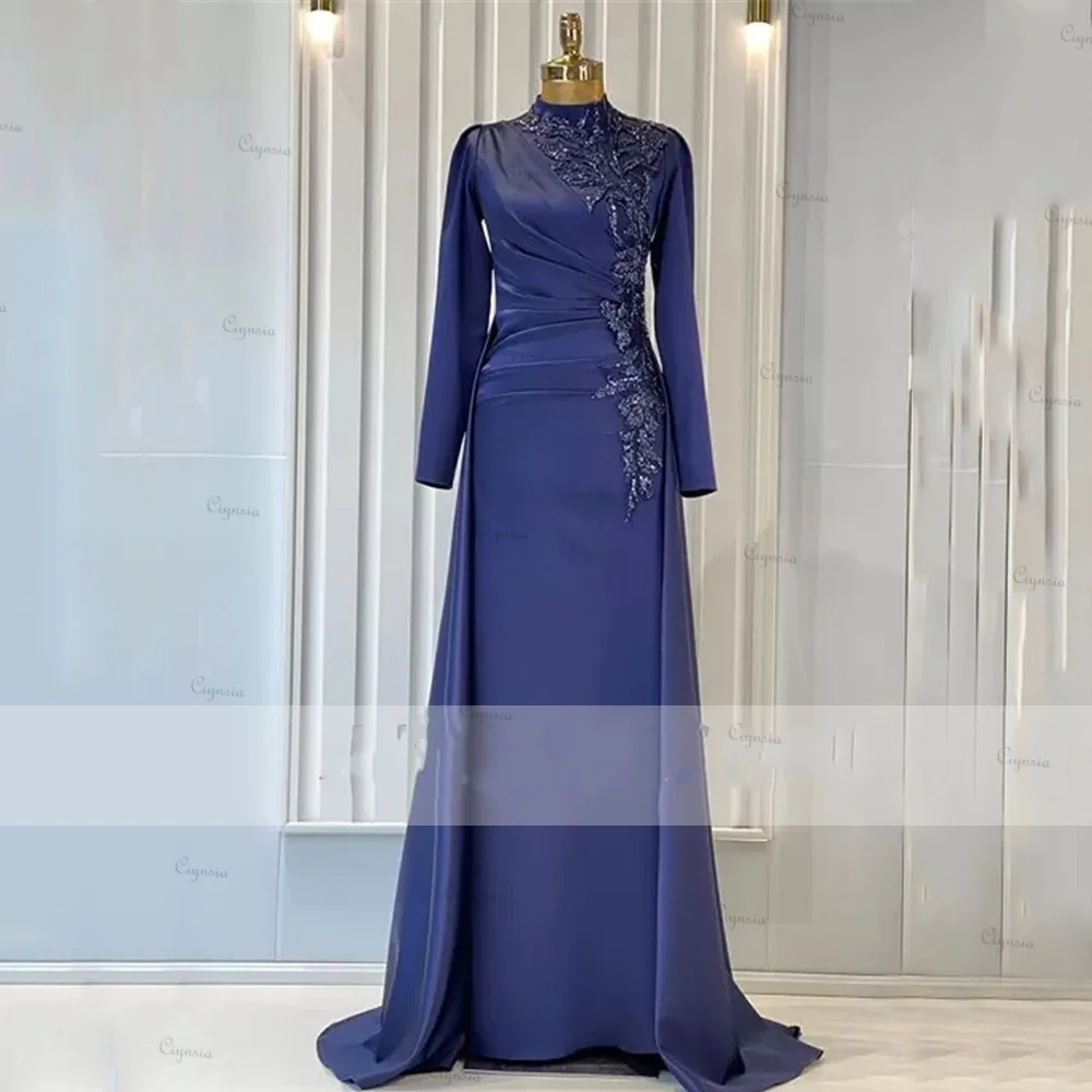 Ciynsia Full Sleeves Modest Evening Dresses For Women Lace Appliques High Neck Mermaid Sweep Train Satin Formal Party Gown 2025