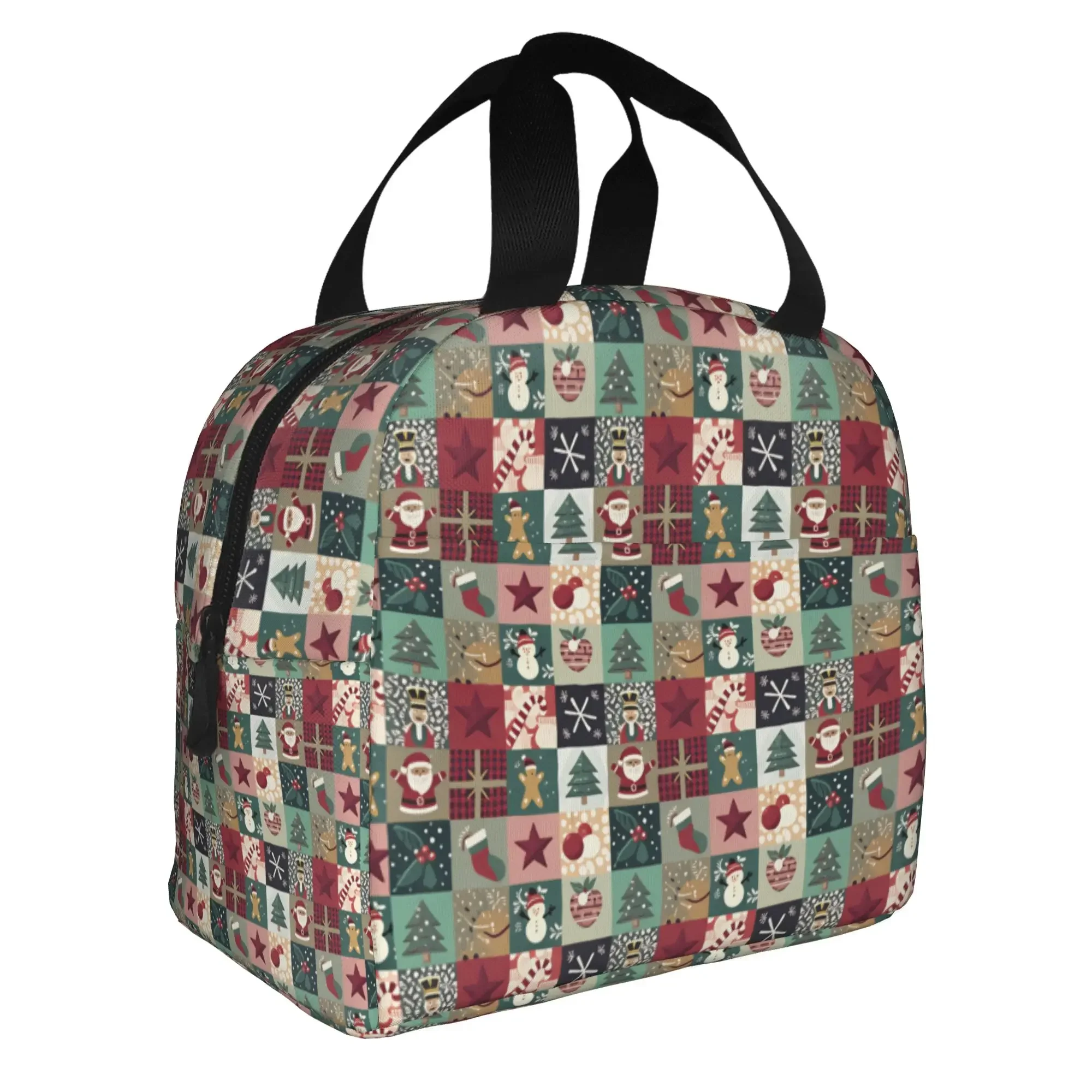 Christmas Xmas Patchwork  Insulated Lunch Bag for Women Resuable  Cooler Thermal Lunch Tote School