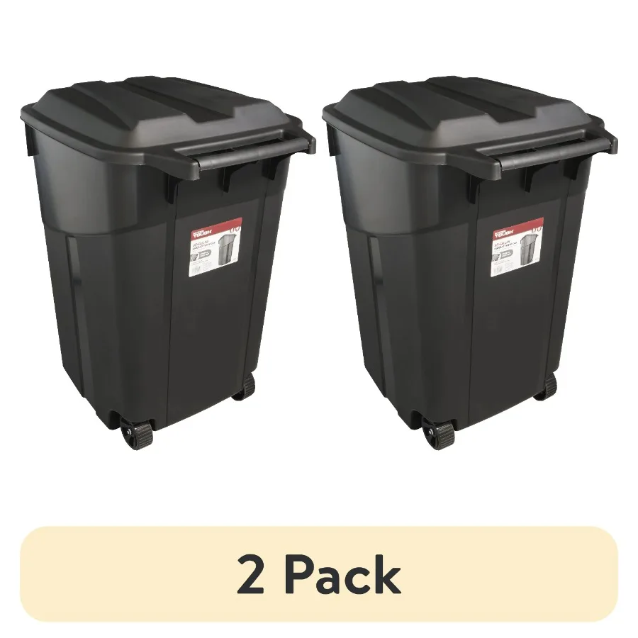

(2 pack) Hyper Tough 45 Gallon Wheeled Heavy Duty Plastic Garbage Can, Attached Lid, Black