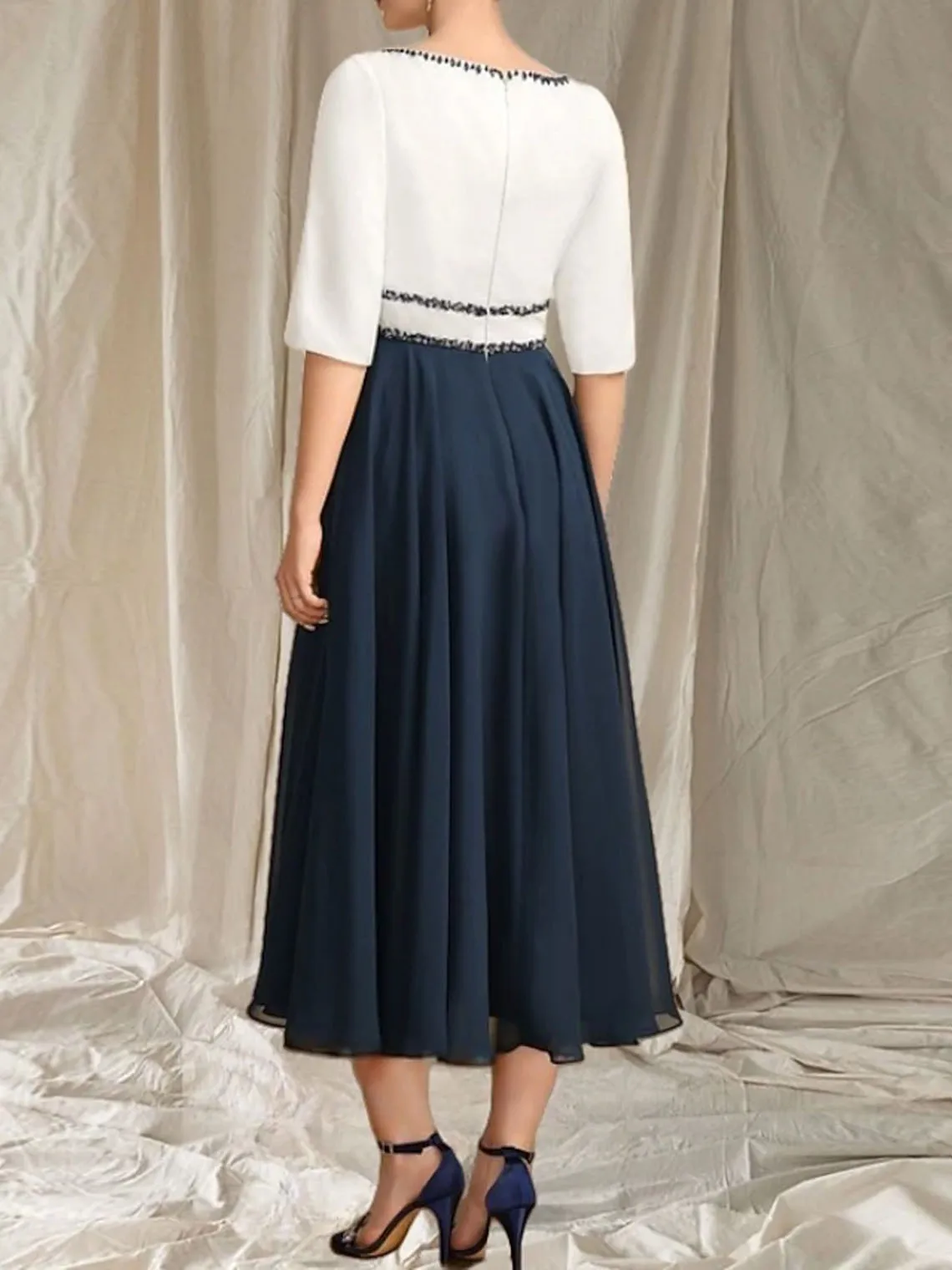 فستان زفاف شيفون أنيق على شكل حرف a جوهرة طول الشاي 3/4 كم مطرز بالخرز فستان أم العروس 2025 مخصص مجاني #2