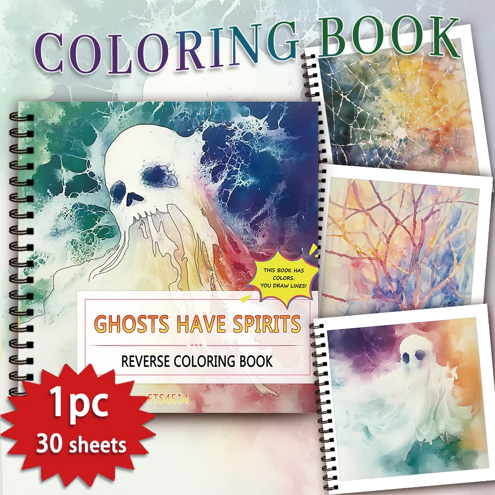 1 Stück Ghost Reverse Malbuch, 30 dicke Seiten, 100 g/m2, entspannende kreative Linienaktivitäten, perfektes Geschenk für Familie und Freunde
