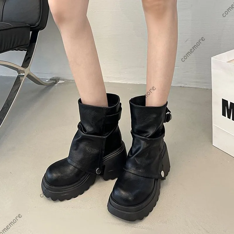 Comemore New Folded Round Head Thick Heel British Style Boot Spring Autumn Chunky Heeled Fashion Shoes Platform Short Booties view 3