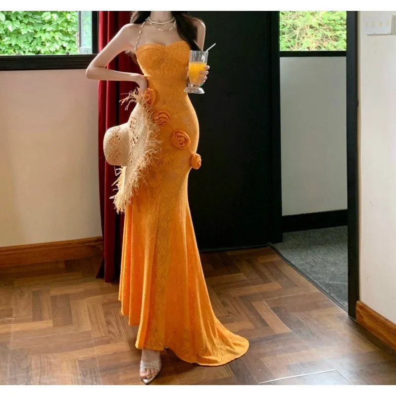 

French Beautiful Atmosphere Pure Desire Three-dimensional Flower Tube Top Dress Sexy Slim Dress Fishtail Hip Wrap Dress