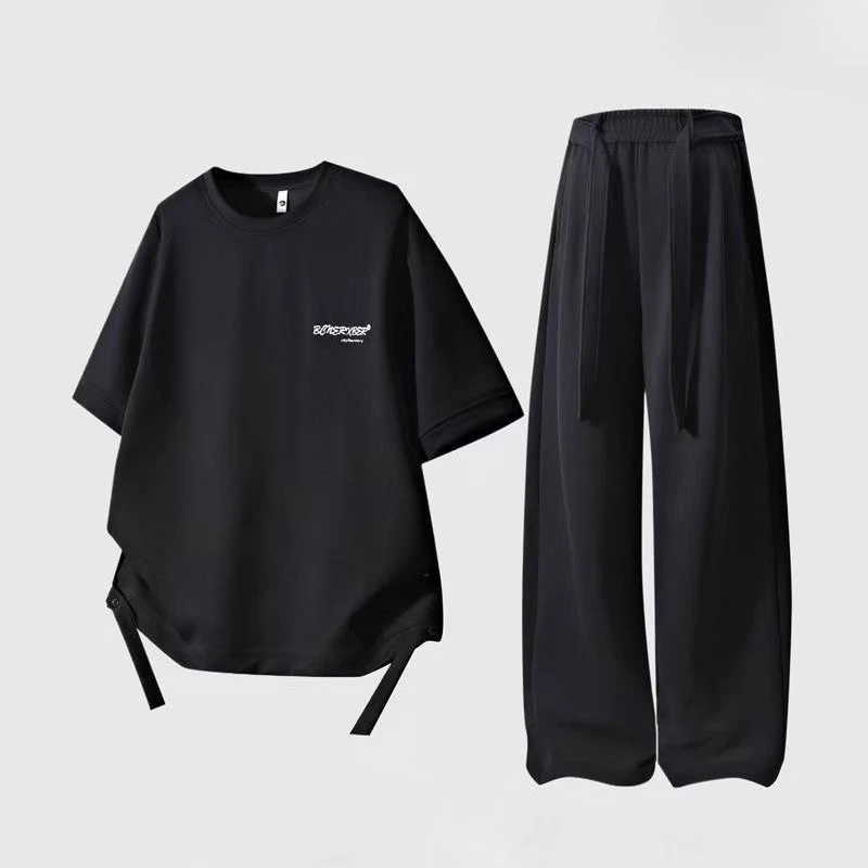 

Summer Men Sports Set Two Pieces Round Neck Korean Short Sleeve Casual Tops Loose Solid Color Pants Fashion Men Clothing