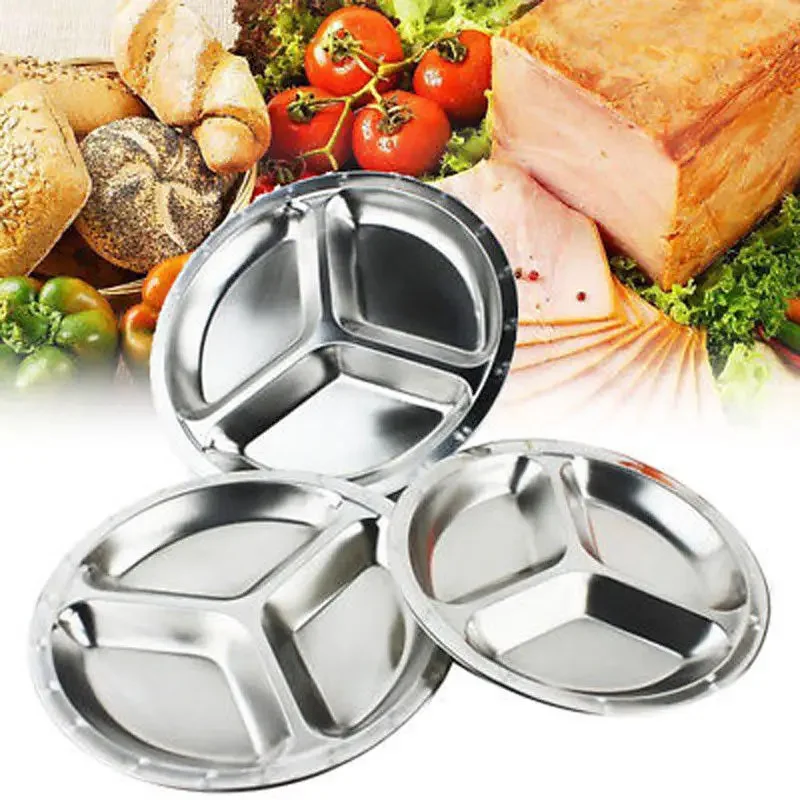 Dish Dinner Plate 1pcs Silver Stainless Steel 3 Sections Round Divided 22cm 24cm 26cm Snack Set Useful Practical