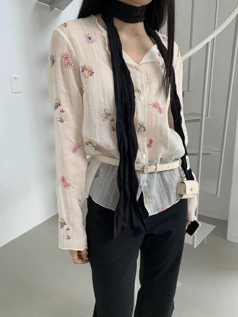 

Elegant Soft Embroidered Thin See-through Shirt Korean Style Loose Fit Long Sleeve V-neck Women's Premium Fashion Spring Summer