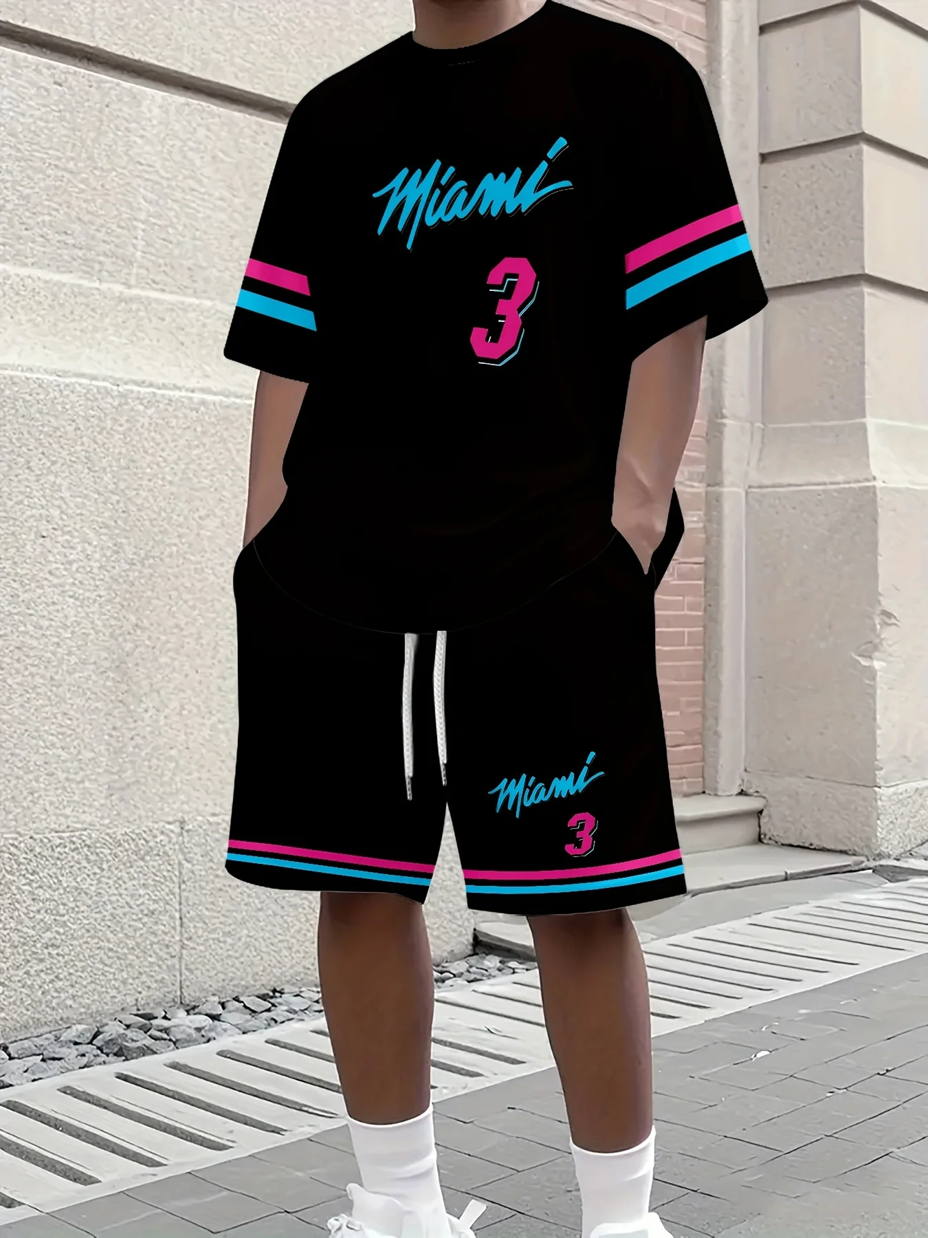 New Men MIAMI NO.3 Print Casual Short Sleeve T-Shirt Shorts Set Adult Basketball Jersey Jogging Suit 2 Piece Set Clothes