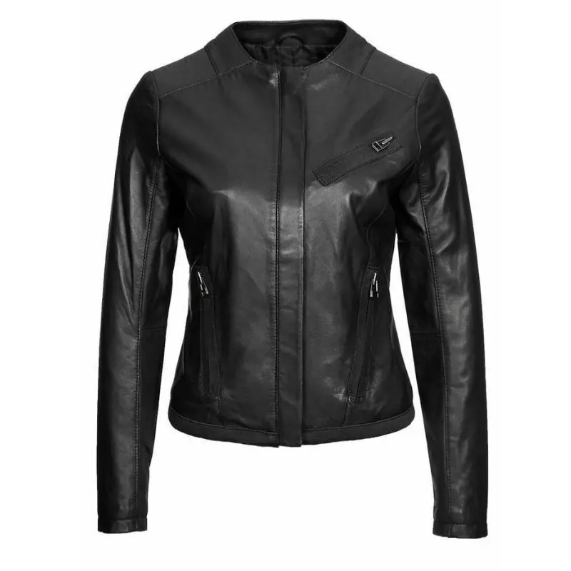 Vrouwen Zwarte Leren Jas Top Toevallige Slanke Jas Lamsvel Echt Zip Jacket