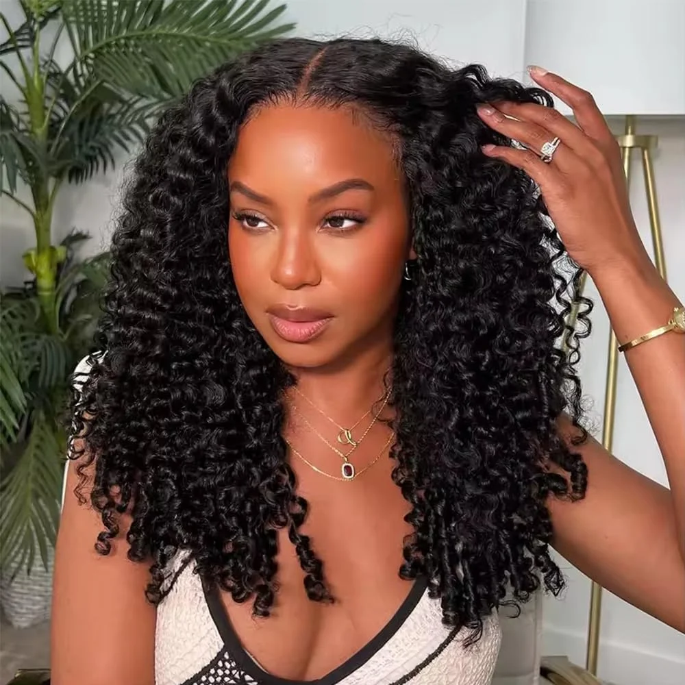 Lemoda Burmese Curly Half Wig Human Hair 3 In 1 Wear & Go  Half Wig Human Hair Wigs with Spiral Curls End 15A Wear Go Drawstring Wigs for Women 200% Density Full Wig Beginner Friendly Easy Install Machine Wig