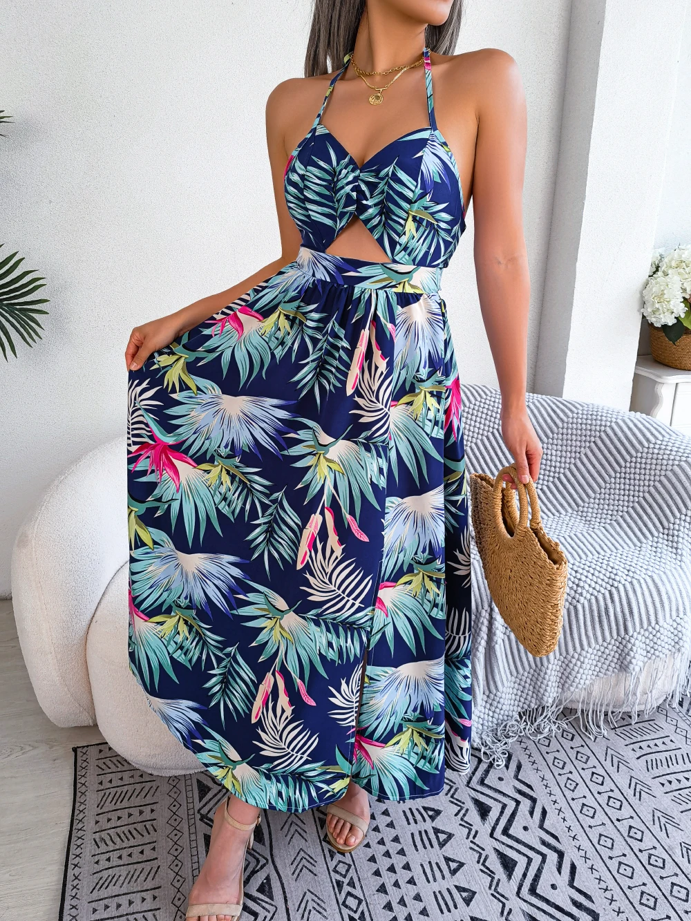 Boho Halter Neck Backless Split Tropical Print Maxi abito da vacanza al mare, abbigliamento donna