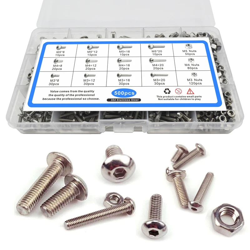 

500PCS 304 Stainless Steel Pan head screws, bolts and nuts Hexagon screws with rounded head Bolt and Nut Assortment Kit ISO7380