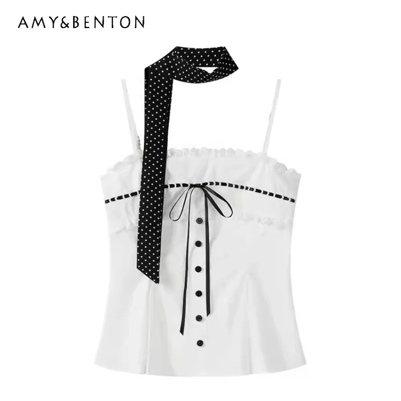 

French Design White Lace-trimmed Women's Sling 2026 Spring Summer Outerwear Ribbons Halter Waist-cinching Sleeveless Vest Ladies