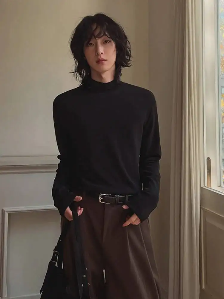 

2025 Winter Korean Style Men's Long Sleeve T-shirts Mock Neck Solid Color Casual Cotton Pullover Tops Loose Male Tees