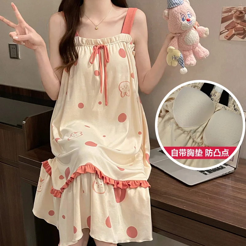 Womens Nightgowns Summer Cotton Spaghetti Strap Sleepshirt M-2XL Woman Dress Leisure Lingerie Nightdress Dropship 2024 New