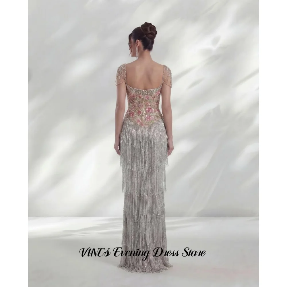VINES Silver Square Neck Mermaid Prom Dress Floral Lace Beading Evening Dress Multi-Layer Fringe Tassel Party Dress Customized