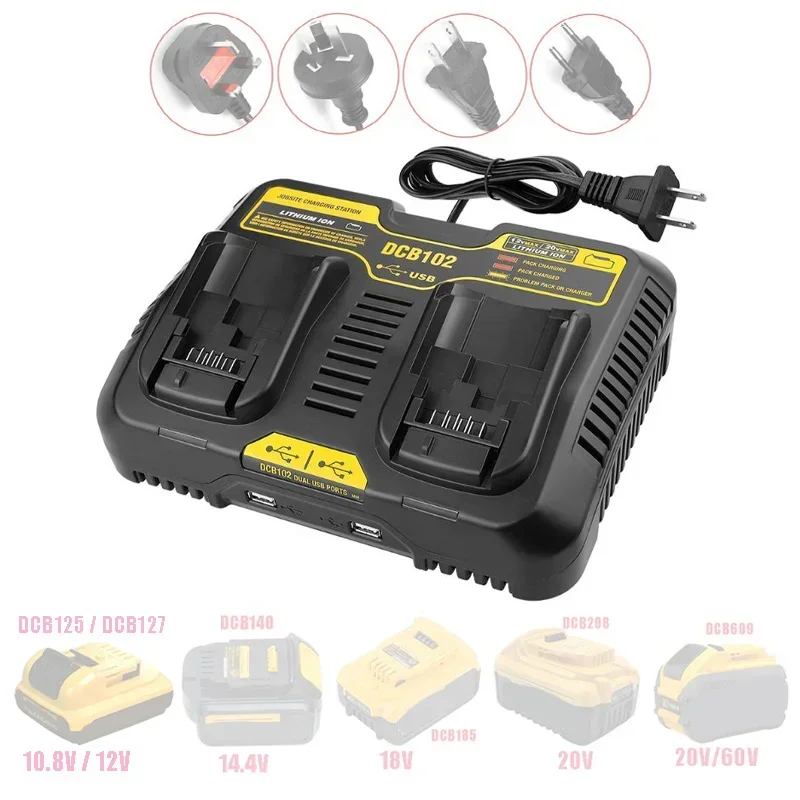 DCB102 Double Li-ion Battery Charger 2X3A USB 5V For DeWalt 10.8V 12V 14.4V 18V DCB127 DCB140 DCB105 DCB183 DCB200 DCB115 DCB118