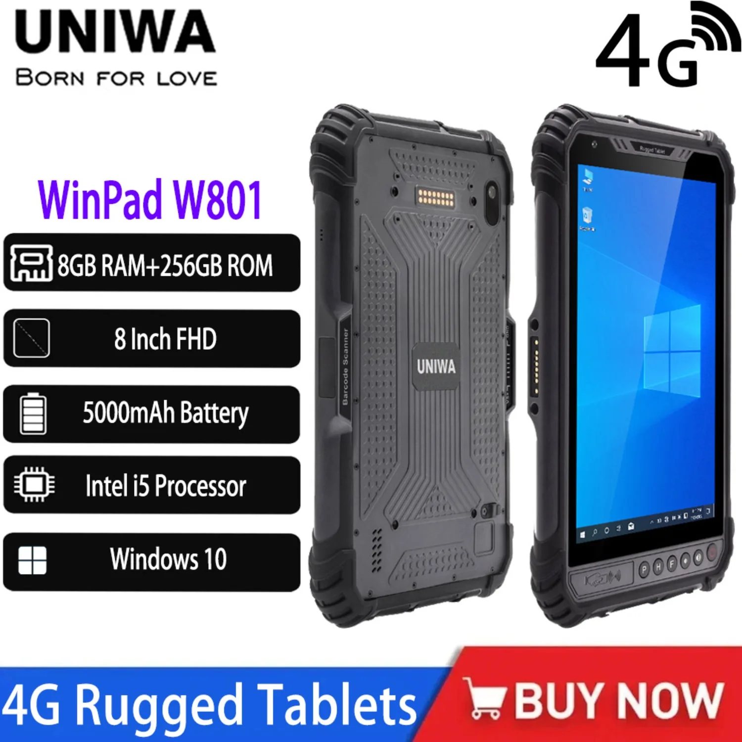UNIWA WinPad W801 4G أقراص متينة 8 بوصة FHD 8GB RAM + 256GB ROM 13MP 5000mAh IP65 Windows Intel I5 NFC GPS Navigation #1