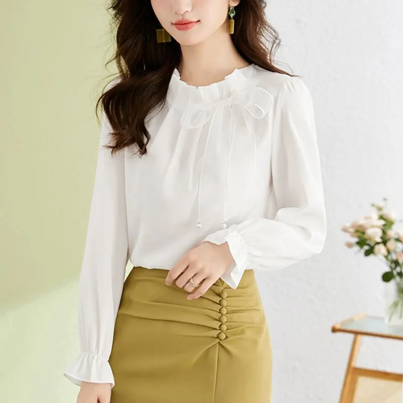 Women\'s Spring Fashion Simplicity Solid Color O-neck Long Sleeve Chiffon Shirts Women Clothes Casual All-match Temperament Tops