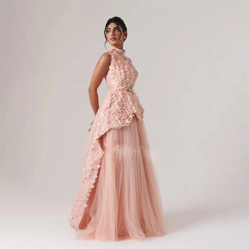 

Pink Flower A Line Evening Dresses High Neck Pleat Tulle Prom Gown Custom Made Saudi Arabia Formal Evening Wears