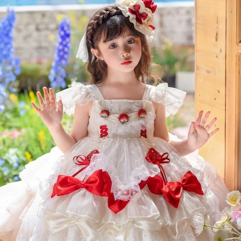 Handgefertigtes Neues Mädchen-Sommerkleid Erdbeer-Prinzessin Lolita Trägerkleid Süßes Kleines Mädchen Boutique Hochwertiges Kostüm 3-10 Jahre – Detail 2