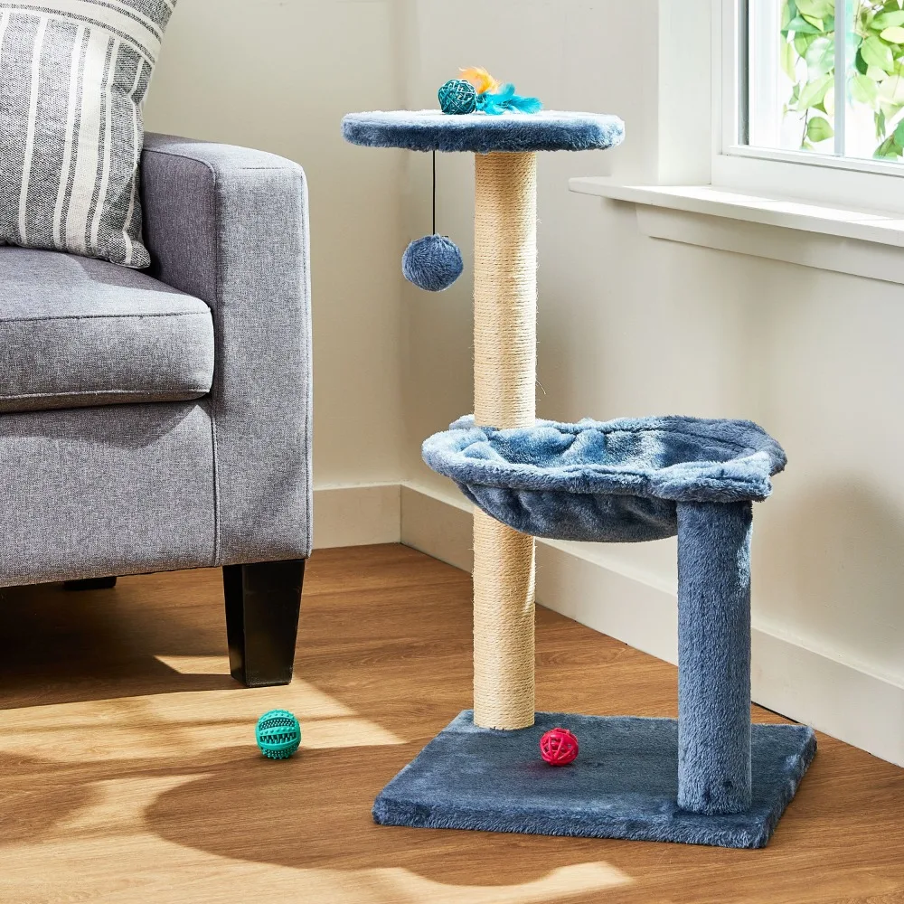 

3-Level Cat Tower with Hammock and Sisal Post,26.7inch,Blue, durable materials and a sturdy base,ensures stability
