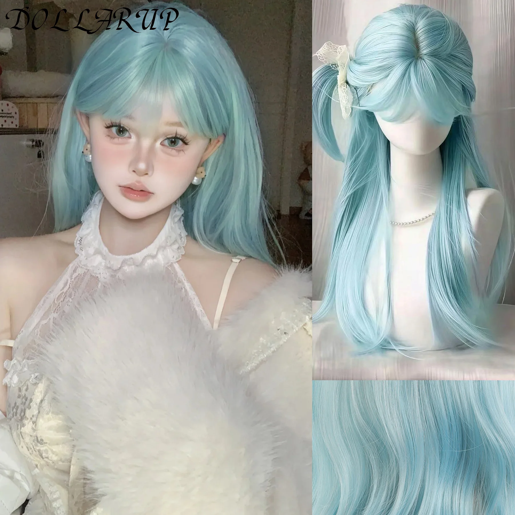

DOLLARUP Wig blue-green Wig for Women Long Wavy Hair Heat-resistant blue-green Wisg with Bangs Lolita Synthetic Wigs 가발