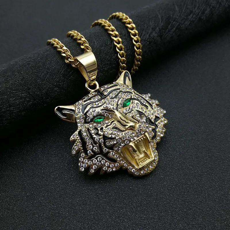 Ze stali nierdzewnej tytanowy Hip Hop Blinganimal tygrys otwieracz do butelek wisiorek kołnierz naszyjnik łańcuszkowy dla mężczyzn kobiet prezent moda klejnot