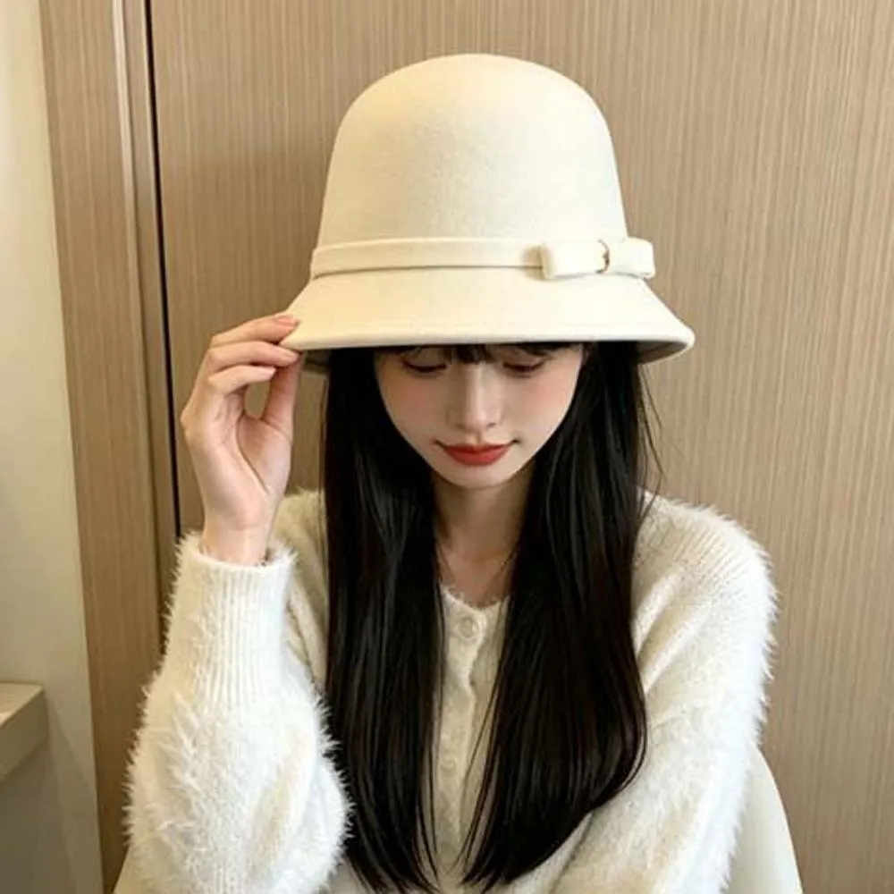 Korean Style Winter Woolen Hat Soft Felt Solid Color Elegant Bucket Hat Round Top Chic Design Vintage Fedora Cap Fashion Ladies