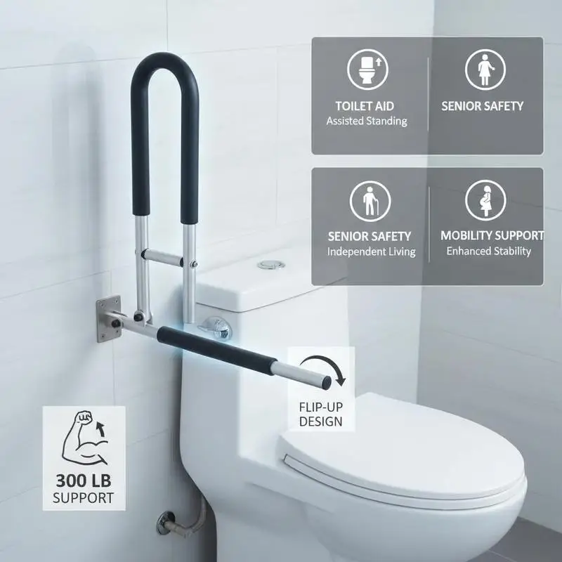 

U-Shaped Bathroom Support Arm 23.8 Inch For Commode Shower Restroom Flip Up Design Folding Space Saving High Carbon Steel Frame 300 Lb Load Capacity Senior Handicap Pregnancy Assistance Device