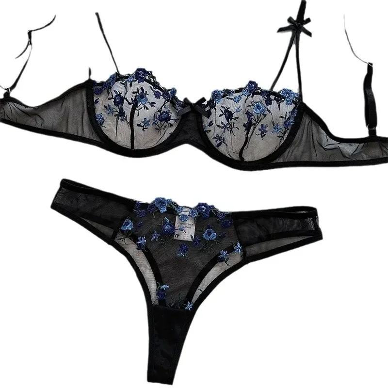 Ensemble de lingerie à fleurs pour femmes, sous-vêtements transparents, culotte transparente, soutien-gorge et string, olympiques sexy, 2024