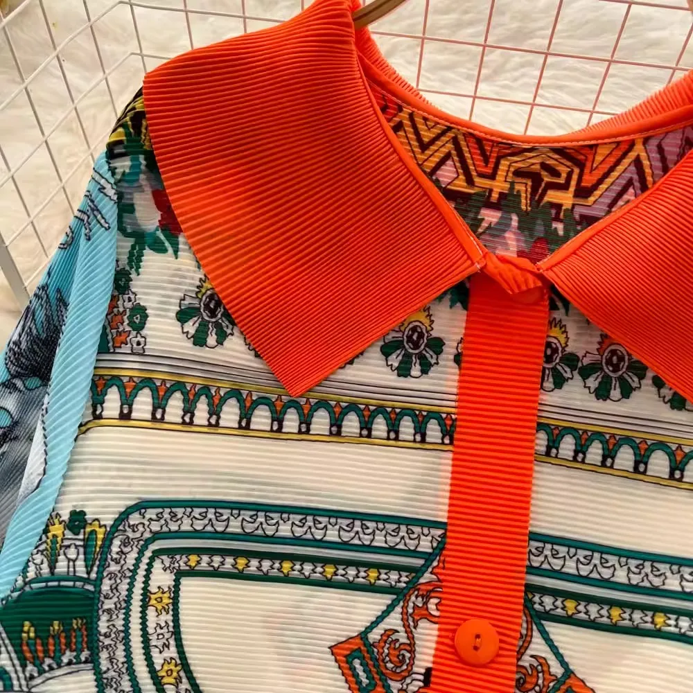 Miyake col rabattu robe plissée chemise femmes couleur bloc manches longues robes trapèze amples imprimé vêtements féminins