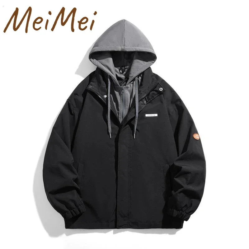 Trendy Solid Color Windproof Hooded Jacket Autumn Casual All-match for Men Personalized Fake Two-piece Warm Clothing