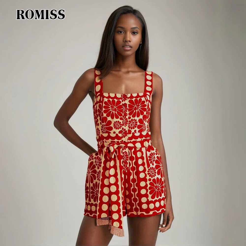 ROMISS Printing Minimalist Jumpsuit For Women Square Collar Sleeveless High Waist Single Breasted Jumpsuit Female Fashion